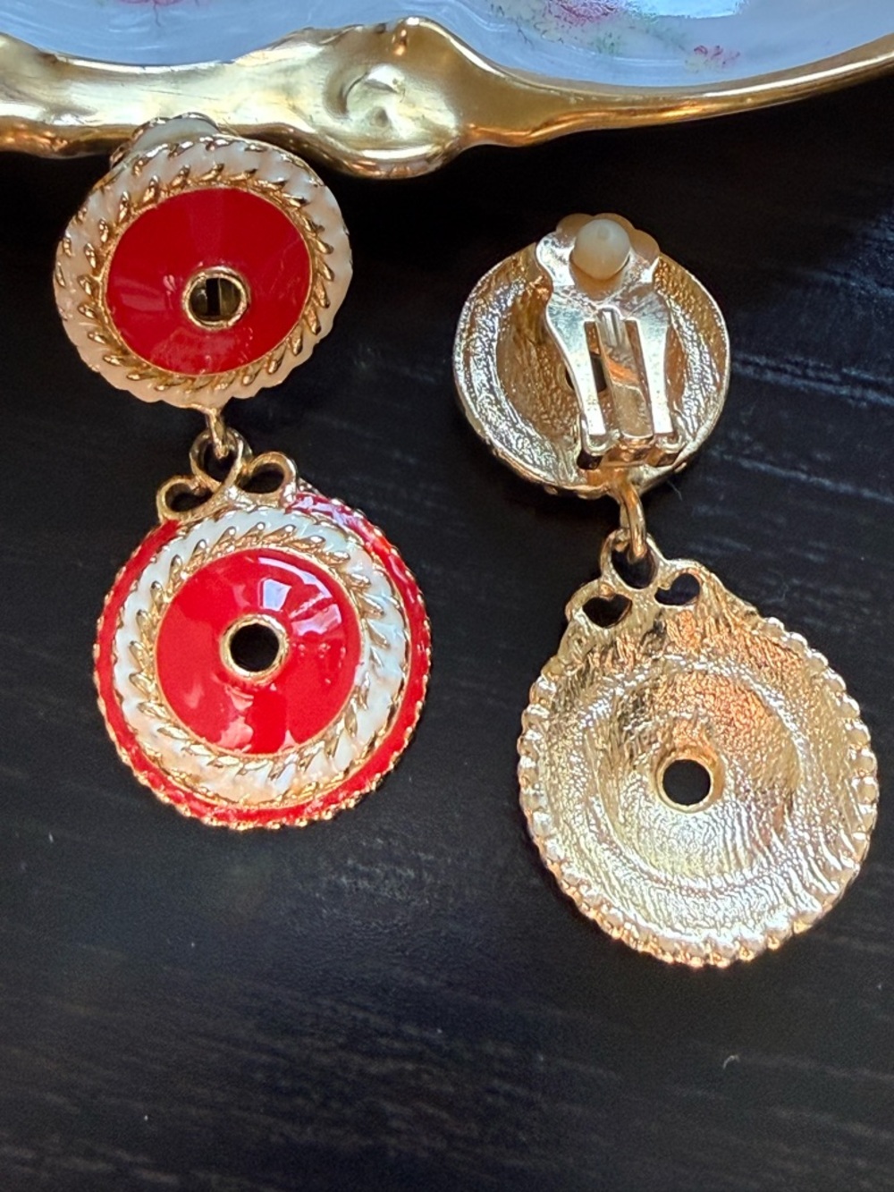 Vintage Red Enamel Double Drop Clip-On Earrings Gold Tone Statement Earrings - Picture 3 of 4